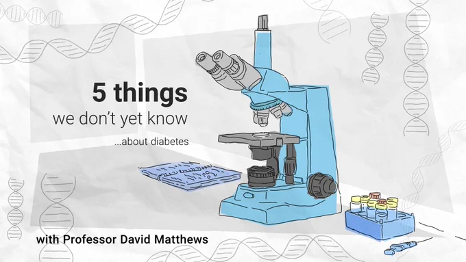 Illustration of a microscope overlaid with text '5 things we don't yet know...about diabetes with Professor David Matthews' 