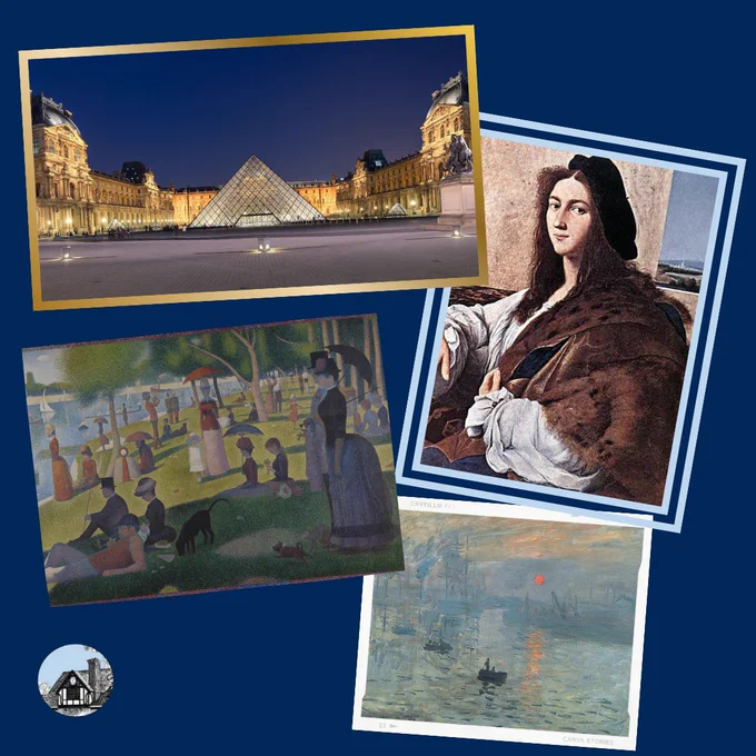 Collage of various art-related images - photo of The Lourve and paintings