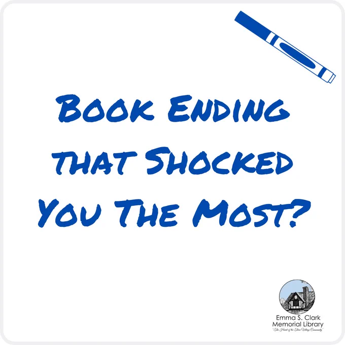 Image of a dry erase board with a blue marker. Written on it, "Book ending that shocked you the most?"