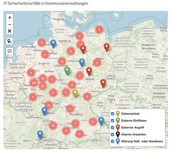 Screenshot der Übersichtskarte von IT-Sicherheitsvorfällen in Kommunalverwaltungen der Webseite https://kommunaler-notbetrieb.de mit Clustering der Marker, nach der Hereinnahme der 126 Marker des Vorfalls der Südwestfalen-IT.