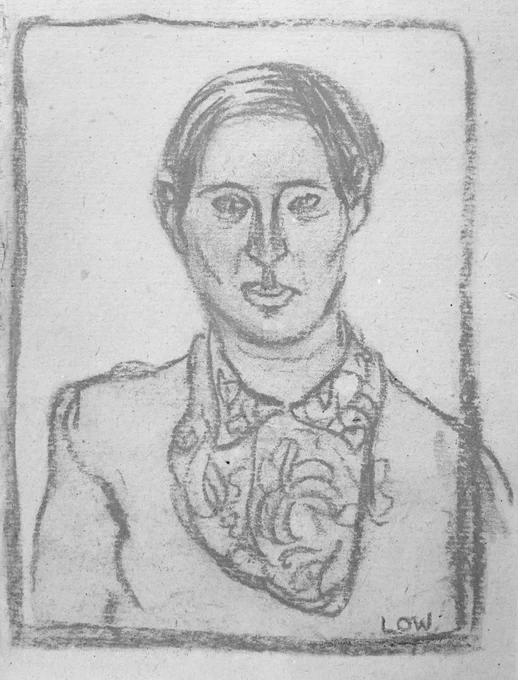 Brown chalk drawing by Bet Low aged 27 with her hair smoothed back and a slightly smiling expression. Bet is wearing a floral collared top.