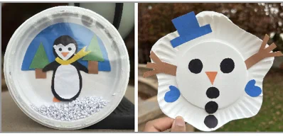 Two photos of craft projects with a winter theme