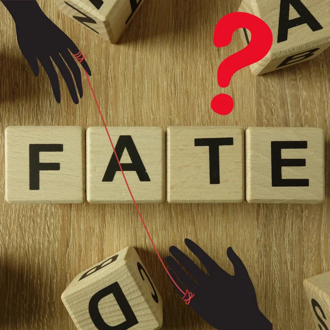 Image is a photograph of scrabble pieces spelling out FATE. Over the photo are graphics of two silhouetted hands tied together at the pinky finger with red thread, and a red question mark