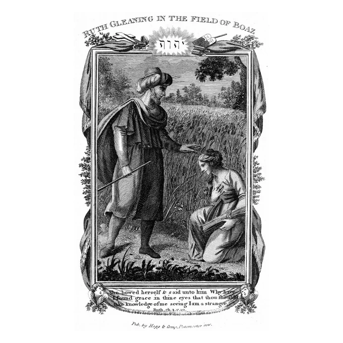 Image is an etching style illustration from the Book of Ruth, depicting Boaz standing over a kneeling Ruth in the fields during the harvest.