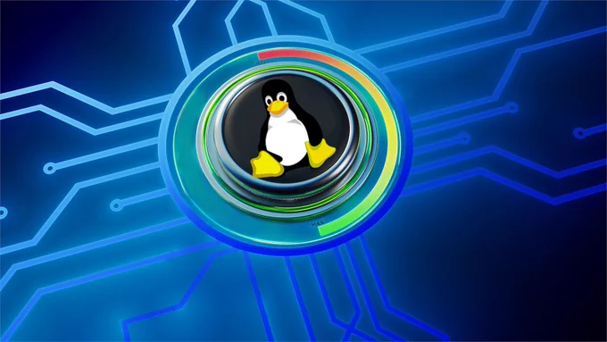 Tux the penguin sitting inside a volume dial on a blue background with light blue pipes extending from the dial
