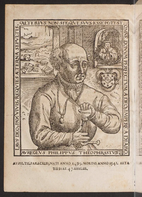 Titelillustration aus „[Etliche Tractaten] Des Hochgelertẽ vnd || Hocherfahrnen Herren THEOPHRASTI || PARACELSI von Hohenheim/ beyder“ (1567) auf der Paracelsus zu erkennen ist. Signatur: H: M 142.4° Helmst. (3)