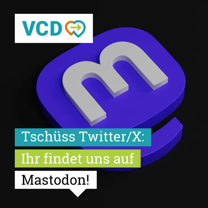 Im Hintergrund sieht man das Mastodonlogo, links oben das VCD-Logo und es ist folgender Text abgebildet: Tschüss Twitter/X: Ihr findet uns auf Mastodon!
