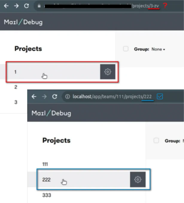The url correctly displays the user's location in the project in the DebugMail service.
