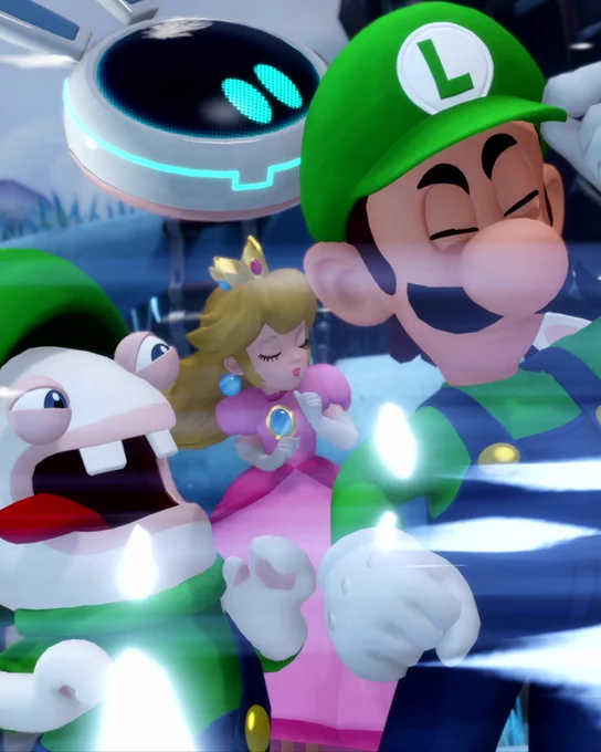 Rabbid Luigi, Peach, and Luigi bracing for a gust of wind.