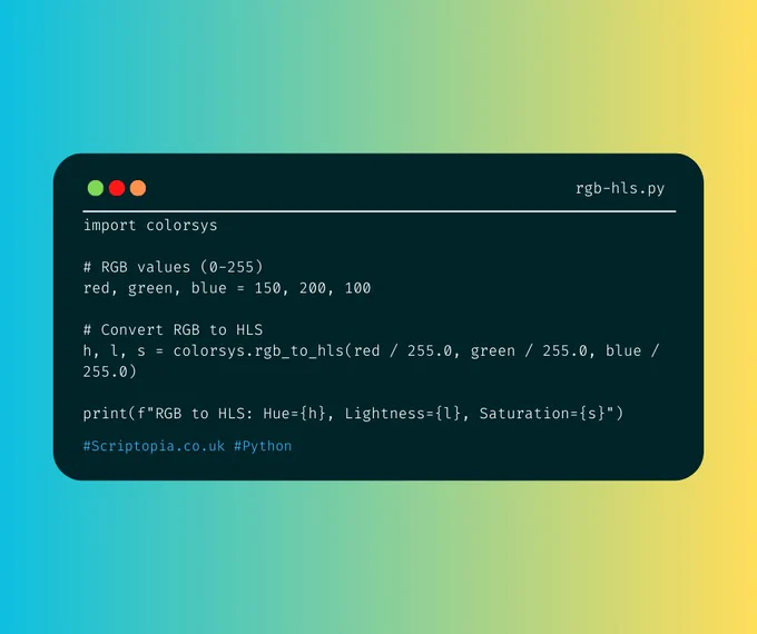 Python Colorsys - Convert RGB to HLS - Find out more at https://scriptopia.co.uk/2023/12/29/python-colorsys-convert-rgb-to-hls/