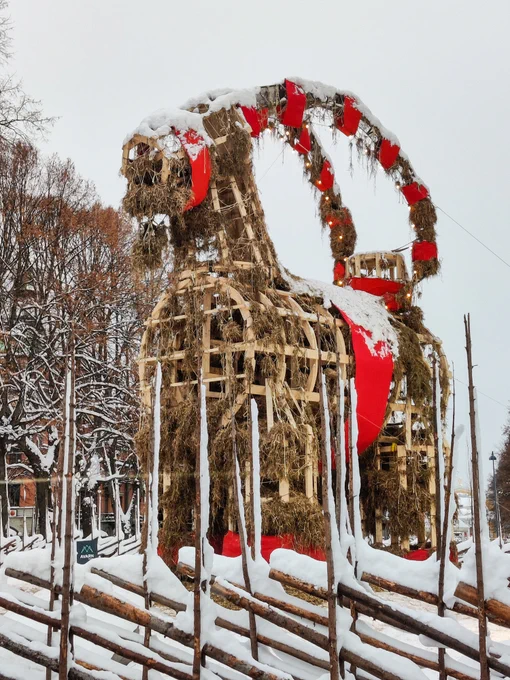 A picture of Gävlebocken. Birds have eaten of the goats straw and you can see its wooden frame