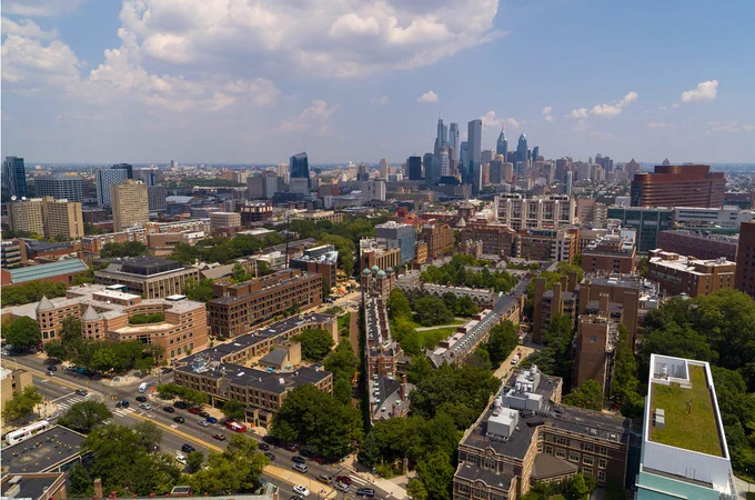 The University of Pennsylvania campus with view of center city Philadelphia
