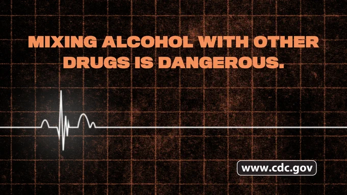 A heart monitor line with the text, “Mixing alcohol with other drugs is dangerous.” 