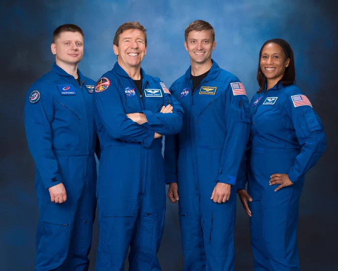 The four crew members representing the SpaceX Crew-8 mission to the International Space Station pose for an official portrait at the Johnson Space Center in Houston, Texas. From left, are Mission Specialist Aleksandr Grebenkin from Roscosmos, and Commander Michael Barratt, Pilot Matthew Dominick, and Mission Specialist Jeanette Epps, all from NASA.