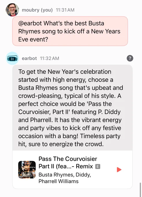 A screenshot of the Earbuds app. Sean asks what the best Busta Rhymes song is for a New Years Eve event. Earbuds says Pass the Courvoisier.