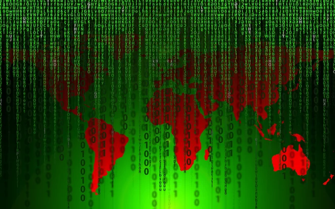 green world map with red continents with binary code 