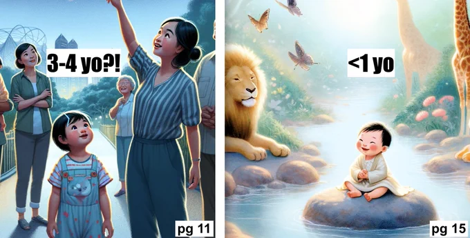 Side-by-side images depicting the same character as 3-4 years old on page 11 but then younger than 1 year old on page 15