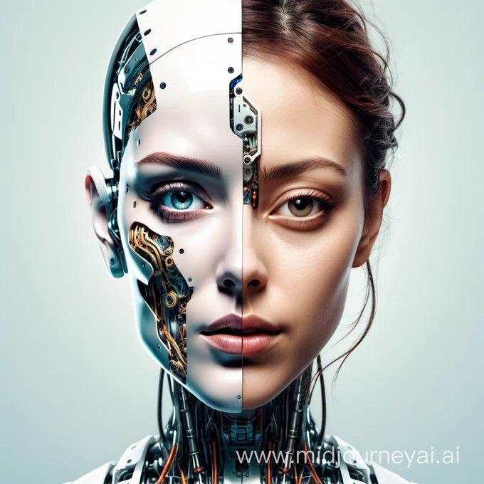an illustration woman portrait, front view, split face vertically, half woman and other half a robot face
