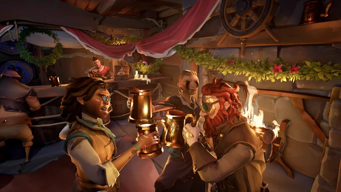A trio of pirates stand in a tavern, all raising a bright gold tankard towards each other in celebration.