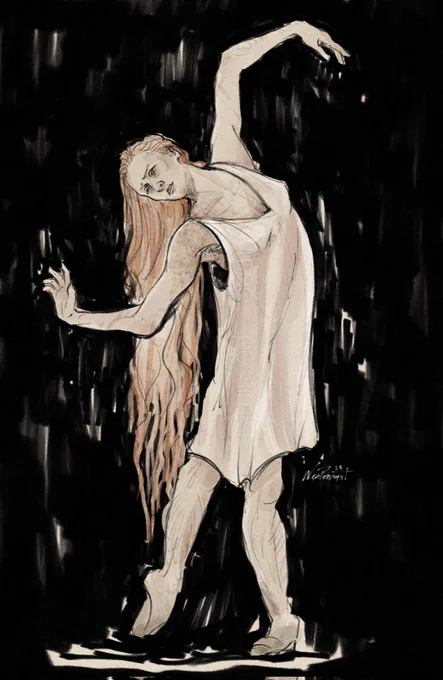 Sketch of my version of Soldier from Ghost Quartet, based on an image of Svetlana Zakharova in Distant Cries, taken by Jack Devant. 

Soldier is in a loose white dress that reaches above the knee, twisting her body, tension in her hands. Her red hair is loose and the expression on her face is sorrowful. 