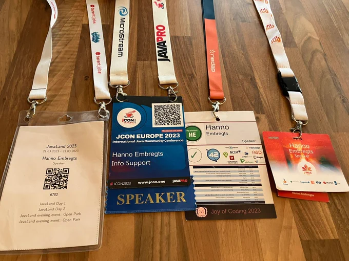 Conference badges for JavaLand, JCON Europe, Joy of Coding & J-Fall.