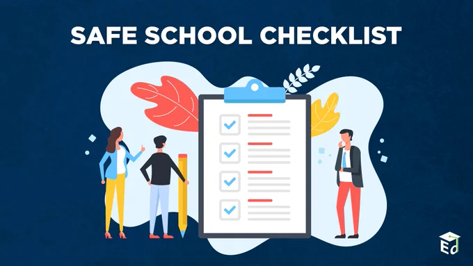 Illustration of three people with a large checklist, with text at the top that reads "Safe School Checklist"