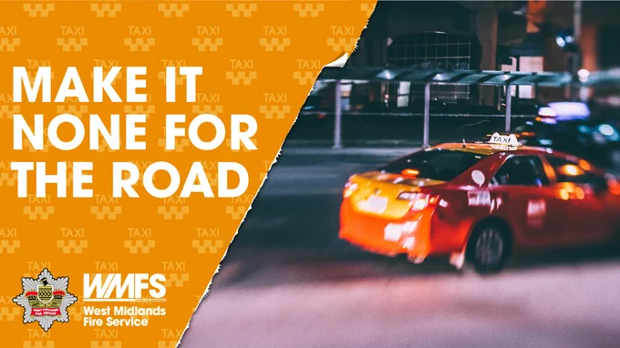 A graphic with 'Make it none for the road' on Christmas paper on the left and a photo of a taxi on the right.
