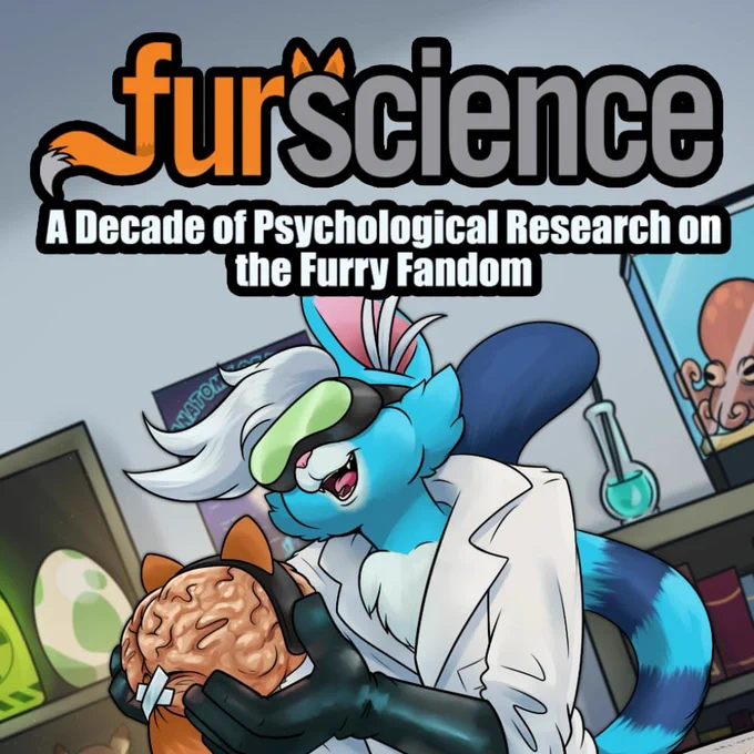 Nuka, a big blue anthropomorphic, scientist cat is excitedly holding a Furry brain.