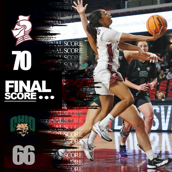 Final score: Bellarmine 70, Ohio 66. Ashlee Harris pictured driving the lane for a layup.