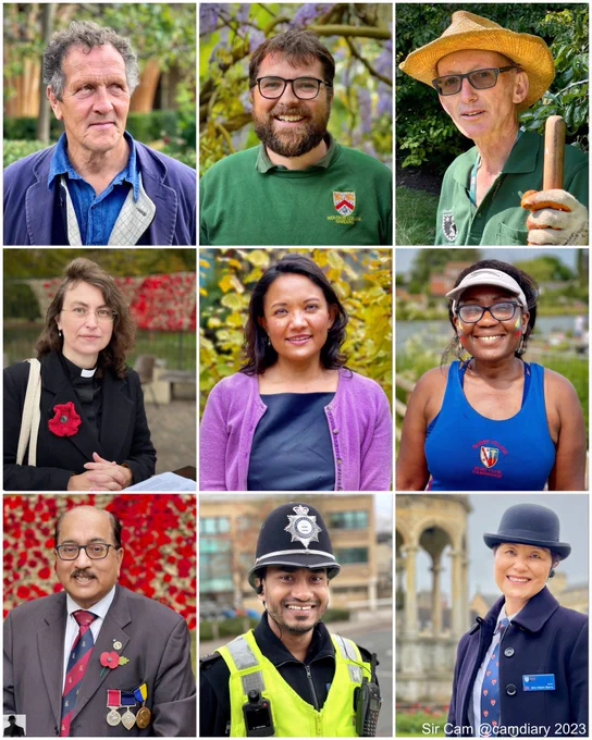 Cambridge Portraits 2023. Portraits of an alumnus, college gardeners, priest, doctor, student, veteran, policeman, and a college porter.