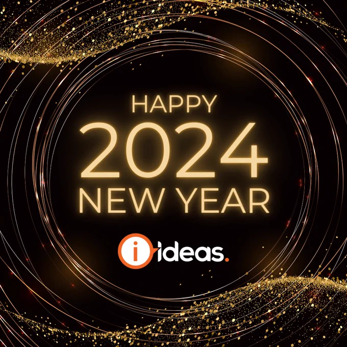 Golden sparkles swirl on a black background. Text says Happy New Year 2024 IDEAS.