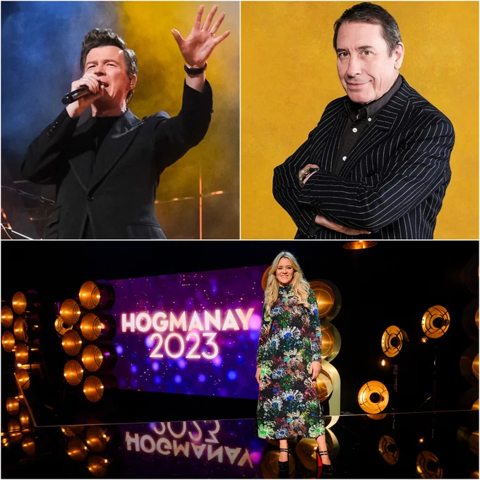 Clockwise from top left: Rick Astley sings on stage. Jools Holland stands with his arms folded, smiling for the camera. Edit Bowman stands, ready to host Hogmanay 2023.