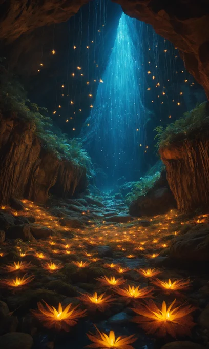 A cavern lit by thousands of colorful glow worms, creating a starry-night illusion, Magic enviroment, wallpaper, beautiful realistic scene, cozy atmosphere, perfect composition, cinematic, dramatic color, detailed, vibrant colors, intricate, extremely, aesthetic, very inspirational, stunning, inspired, rich, grand winning, artistic, fine detail, clear, epic, fantastic