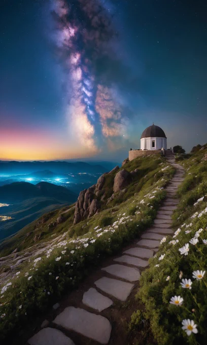 An observatory atop a mountain overlooks a cloud landscape, with a star-filled sky and the Milky Way stretching across, the nearly full moon illuminating the ethereal cloud carpet below, a garden of phosphorescent night flowers at its base, and distant village lights on the horizon, a sanctuary between sky and earth for star lovers, stunning beautiful, infinite detail, sharp focus