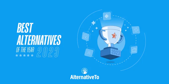 Blue background with the text 'Best alternatives of the year - 2023.' On the right, an illustration of a trophy with an orange star in the center, surrounded by dotted lines with some isometric blocks featuring logos of apps mentioned in the article. At the bottom center of the image, the AlternativeTo logo.