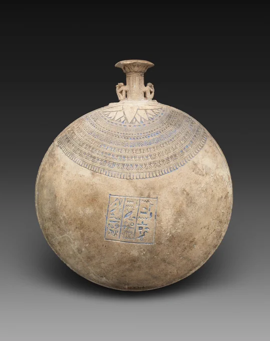 The original glaze would have been a bright turquoise, and the decoration filled with a darker blue to imitate lapis lazuli. 