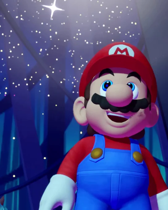Mario smiles while looking up at the starry night sky.