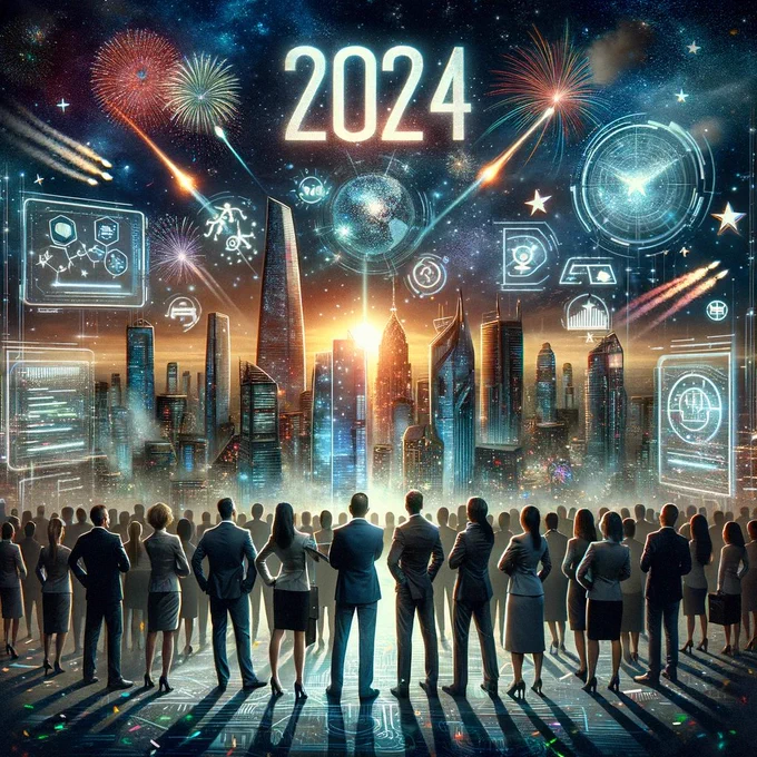 The image shows a New Year's 2024 celebration with a futuristic city skyline and fireworks. A diverse group of technology professionals stands in the foreground, looking up optimistically, surrounded by holographic tech displays.
