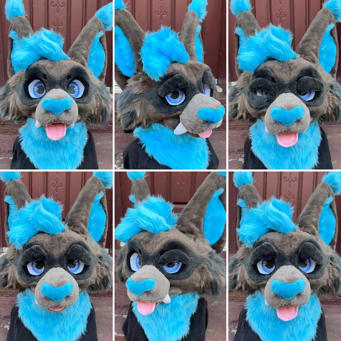 A collage of a grey lynx fursuit head showing how the velcro features can be used to change the expression.