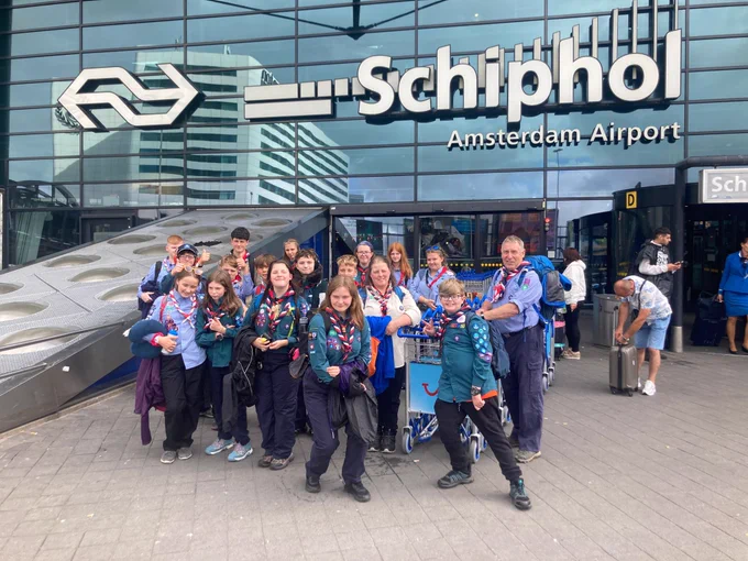 Scouts outside Schipol Airport in The Netherlands o their way to the Haarlem Jamborette