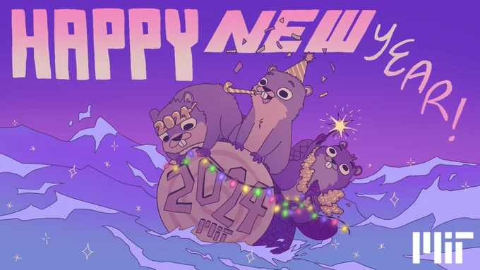 An image of three beavers with party accessories floating on a log on the Charles River. The iimage reads, “Happy New Year!” And it looks like 2024 MIT is carved into the log.