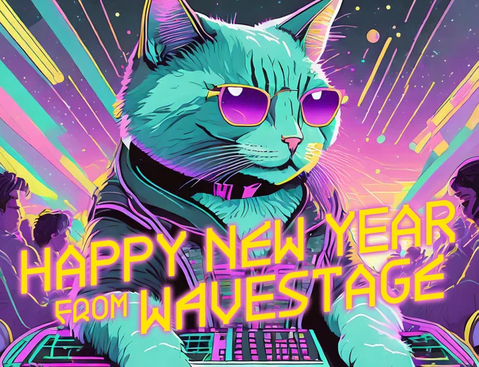 vaporwave cat at a rave with caption "Happy New Year from Wavestage"