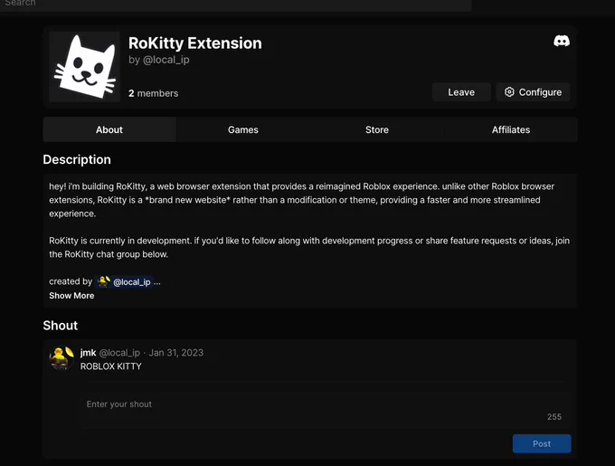 A screenshot of the RoKitty group page from around a year ago