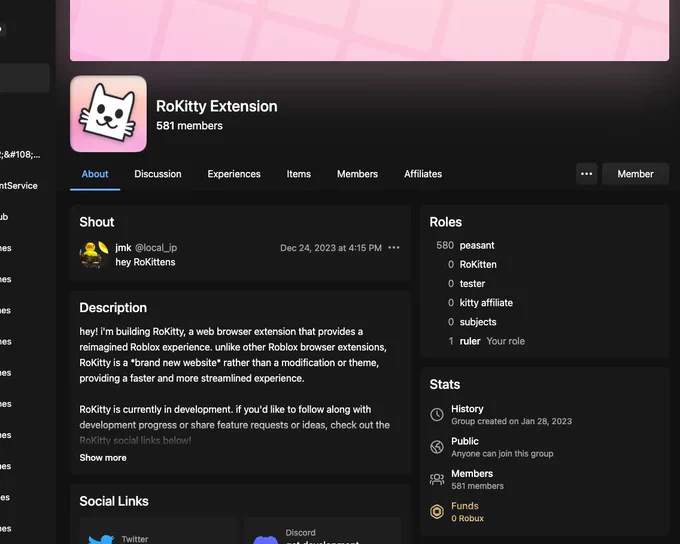 A screenshot of the RoKitty group page today