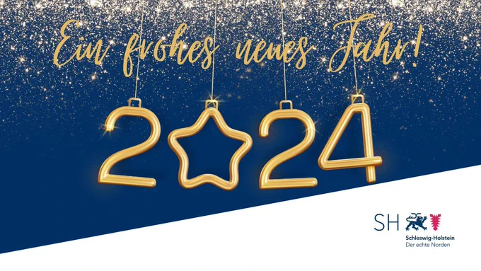 Text-Bildkachel: Ein frohes neues Jahr! Darunter sind als Anhänger die Ziffern 2024 zu sehen.