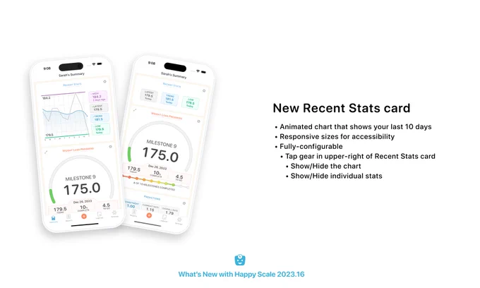 Two screenshots of the Happy Scale app that demonstrate a new feature.

The caption reads:

New Recent Stats card

 • Animated chart that shows your last 10 days
 • Responsive sizes for accessibility
 • Fully-configurable
    • Tap gear in upper-right of Recent Stats card
       • Show/Hide the chart
       • Show/Hide individual stats