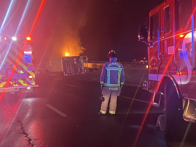 Firefighters respond to a crashed semi