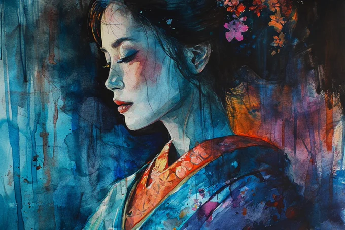 Earthy blue and purple geisha, watercolor, wet-on-wet blending, black background --ar 3:2 --style raw --v 6.0 --s 250 