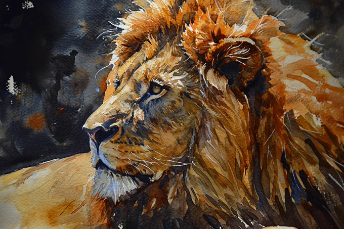 Earthy amber and brown lion, watercolor, wet-on-wet blending, black background --ar 3:2 --style raw --v 6.0 --s 250