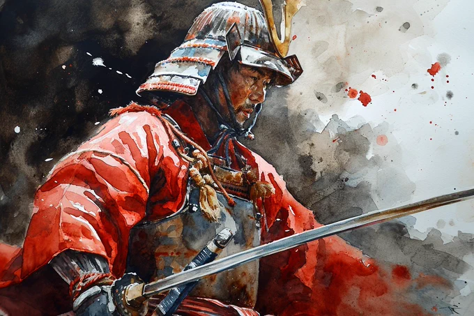 Earthy red and silver samurai, watercolor, wet-on-wet blending, black background --ar 3:2 --style raw --v 6.0 --s 250